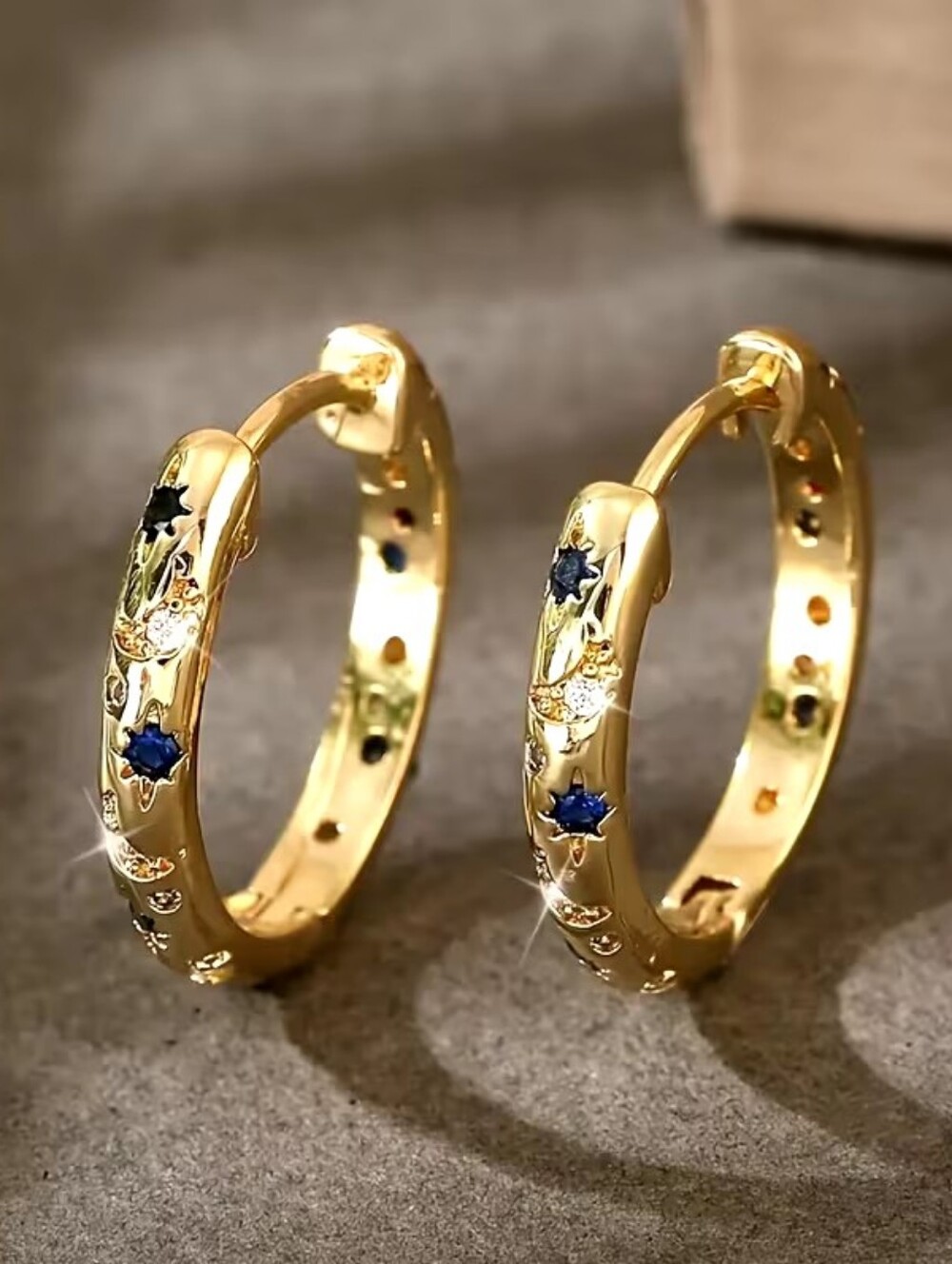 Gold Hoop Earrings with Blue Stone And Star Accents